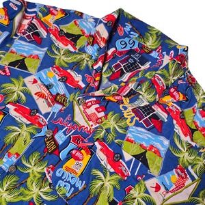 George Mens Route 66 Novelty Print Shirt Blue Large Chevy Classic Car Vacation